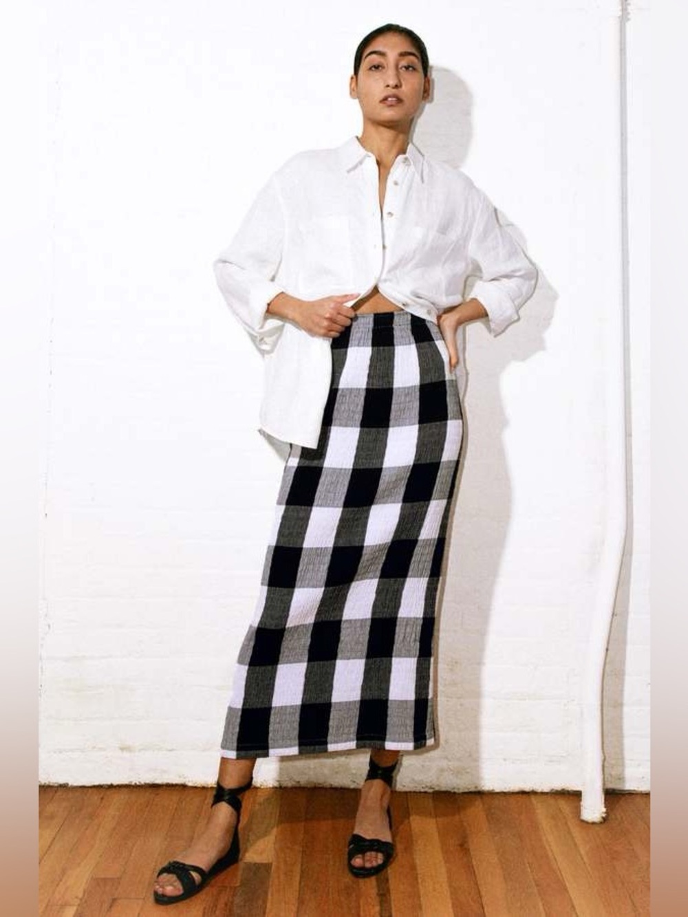 Mara Hoffman Check Black White Gingham Midi Skirt Maxi Medium Cotton Seersucker